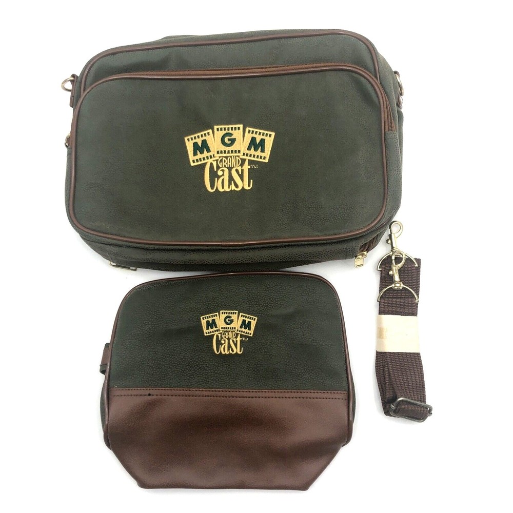 Vtg MGM Grand Cast Travel Bag Strap Toiletry Dopp Kit Green Embroidered Flocked